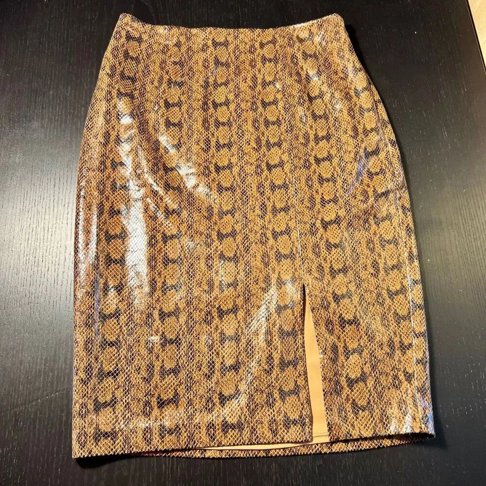 Express Sz 4 Faux Snakeskin Leather Pencil Straight Skirt Brown Black Side Slit